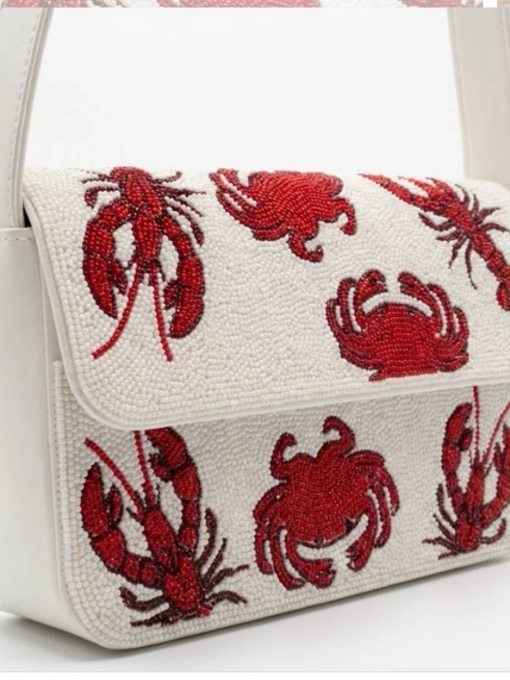 New Sincerely Jules White Beaded Shoulder Bag with Red Crab & Lobster Motif